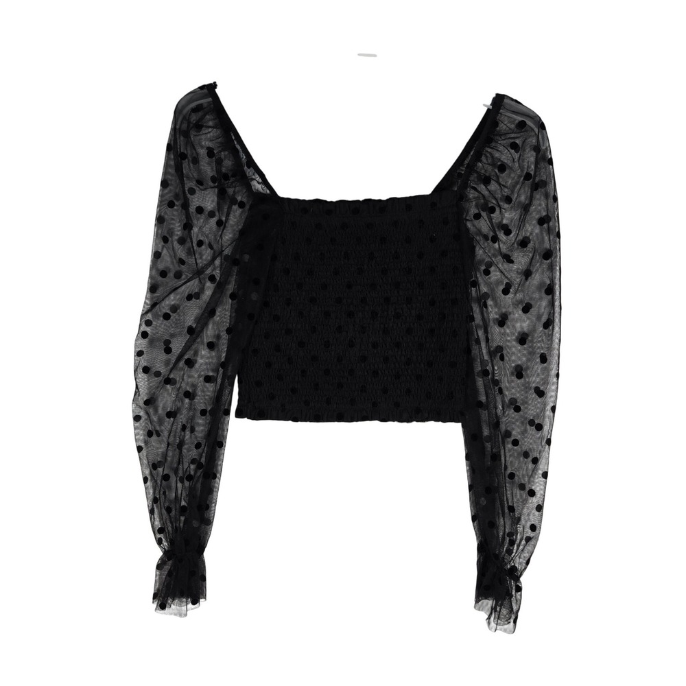 Forever 21 Top Womens Sm Smocked Sheer Polka Dot Mesh Balloon Sleeve Black